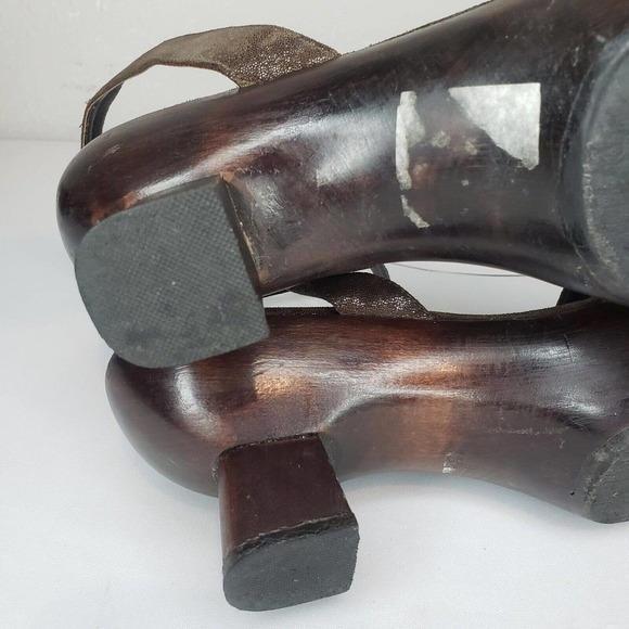 VERA PELLE Antique Japanese Wooden Shoes Asian Ankle Wrap Open Toe Sz 37 Brown - Picture 12 of 14